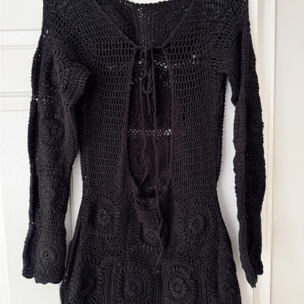 Anthropologie Bohemian Black Crochet Knit Long-Sleeve Midi Dress Large - Picture 12 of 12